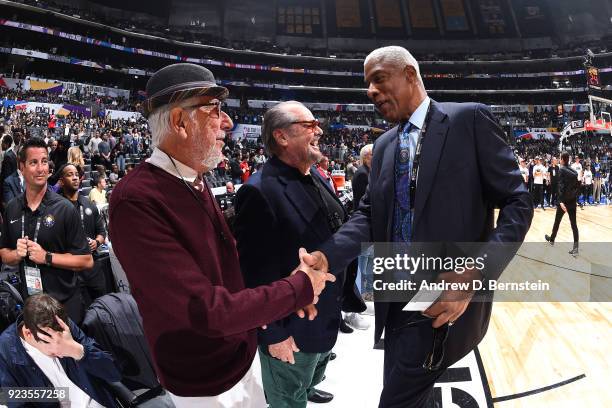 Lou Adler shakes hands with Julius Erving during the NBA All-Star Game as a part of 2018 NBA All-Star Weekend at STAPLES Center on February 18, 2018...