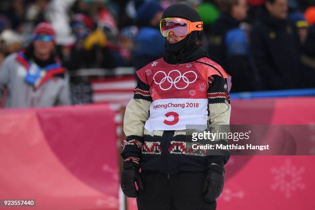 Mark McMorris of Canada reacts after his run during the Men's Big Air Final Run 1 on day 15 of the PyeongChang 2018 Winter Olympic Games at Alpensia...