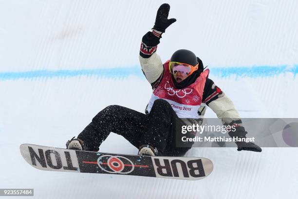 Mark McMorris of Canada falls on his landing during the Men's Big Air Final Run 1 on day 15 of the PyeongChang 2018 Winter Olympic Games at Alpensia...