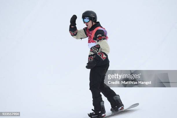 Max Parrot of Canada celebrates after his run during the Men's Big Air Final Run 1 on day 15 of the PyeongChang 2018 Winter Olympic Games at Alpensia...