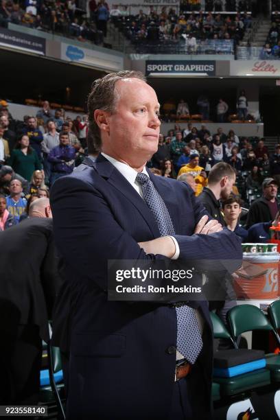 Coach Mike Budenholzer of the Atlanta Hawks looks on during the game against the Indiana Pacers on February 23, 2018 at Bankers Life Fieldhouse in...