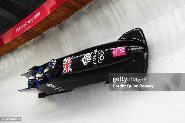 Lamin Deen, Ben Simons, Toby Olubi and Andrew Matthews of Great Britain compete during 4-man Bobsleigh Heats on day fifteen of the PyeongChang 2018...