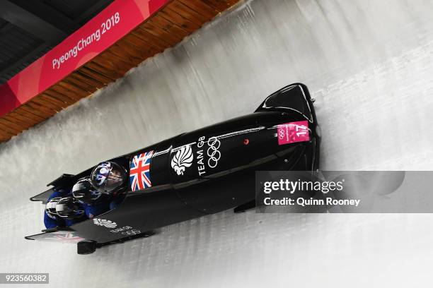 Brad Hall, Nick Gleeson, Joel Fearon and Greg Cackett of Great Britain compete during 4-man Bobsleigh Heats on day fifteen of the PyeongChang 2018...