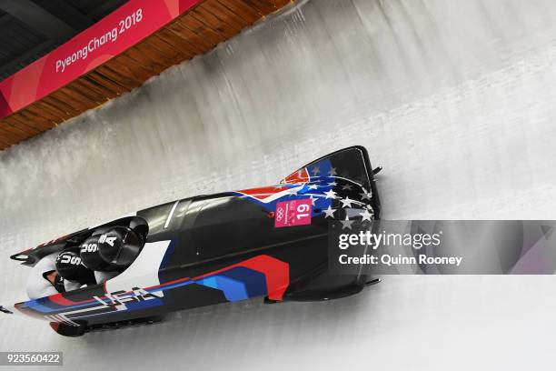 Justin Olsen, Nathan Weber, Carlo Valdes and Christopher Fogt of the United States compete during 4-man Bobsleigh Heats on day fifteen of the...