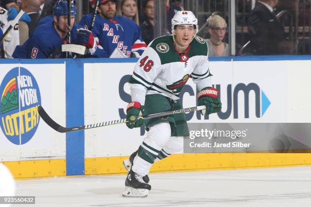 Jared Spurgeon of the Minnesota Wild skates against the New York Rangers at Madison Square Garden on February 23, 2018 in New York City.