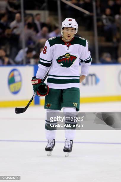 Jared Spurgeon of the Minnesota Wild reacts in the second period against the New York Rangers during their game at Madison Square Garden on February...