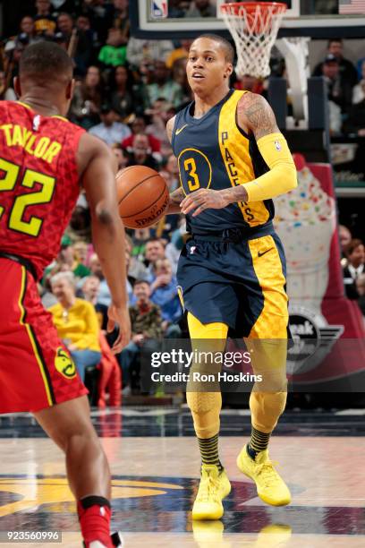 Joe Young of the Indiana Pacers handles the ball during the game against the Atlanta Hawks on February 23, 2018 at Bankers Life Fieldhouse in...