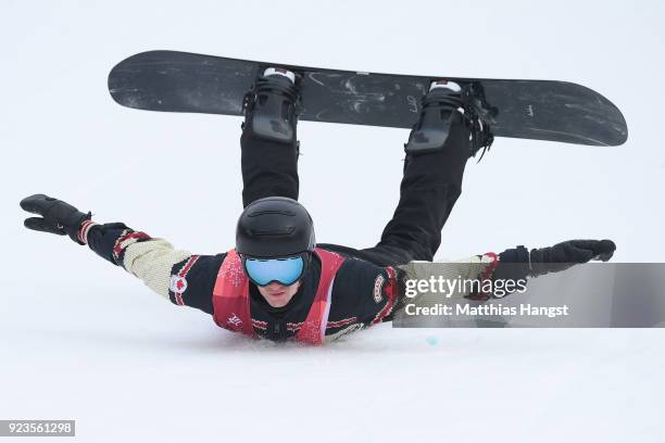 Max Parrot of Canada falls on the landing during the Men's Big Air Final Run 2 on day 15 of the PyeongChang 2018 Winter Olympic Games at Alpensia Ski...