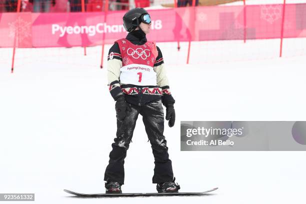 Max Parrot of Canada racts after falling on the landing during the Men's Big Air Final Run 2 on day 15 of the PyeongChang 2018 Winter Olympic Games...