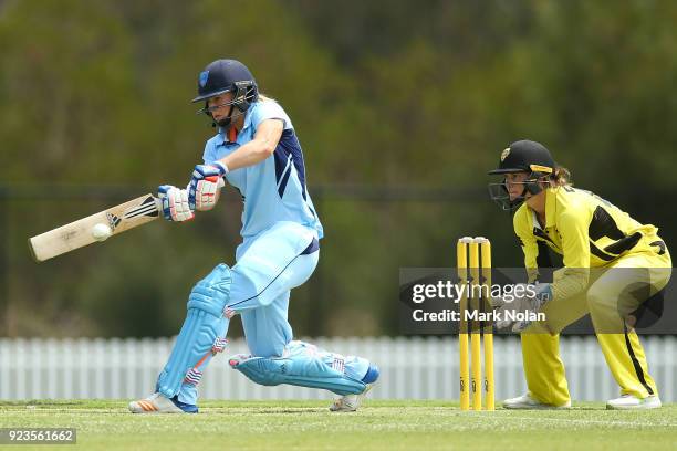 Ellyse Perry of NSW bats during the WNCL Final match between New South Wales and Western Australia at Blacktown International Sportspark on February...