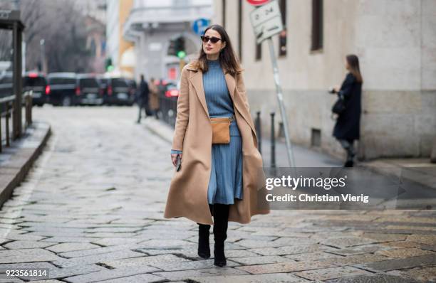 Julia Haghjoo wearing beige coat, belt bag seen outside Sportmax during Milan Fashion Week Fall/Winter 2018/19 on February 23, 2018 in Milan, Italy.