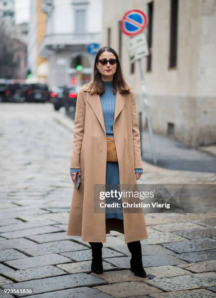 Julia Haghjoo wearing beige coat, belt bag seen outside Sportmax during Milan Fashion Week Fall/Winter 2018/19 on February 23, 2018 in Milan, Italy.