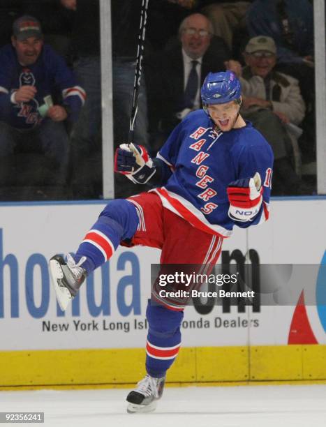 Marian Gaborik of the New York Rangers scores a first period goal against the Phoenix Coyotes on October 26, 2009 at Madison Square Garden in New...