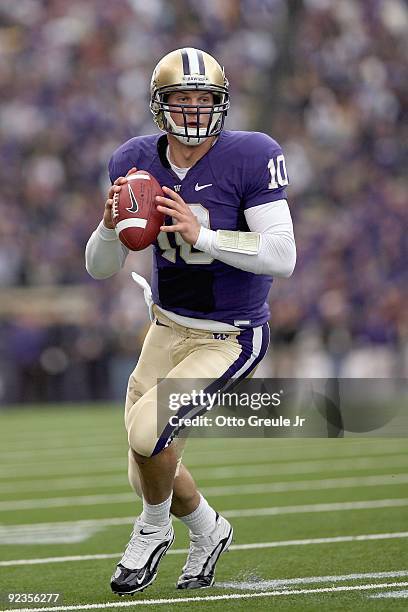 Quarterback Jake Locker of the Washington Huskies looks to pass the ball during the game against the Oregon Ducks on October 24, 2009 at Husky...