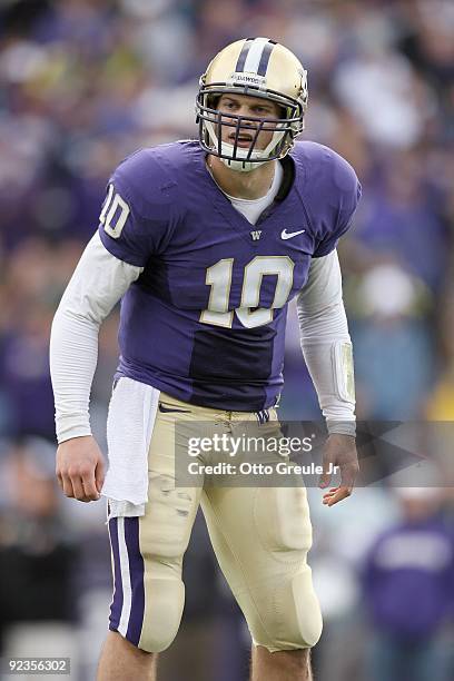 Quarterback Jake Locker of the Washington Huskies looks to the sideline during the game against the Oregon Ducks on October 24, 2009 at Husky Stadium...