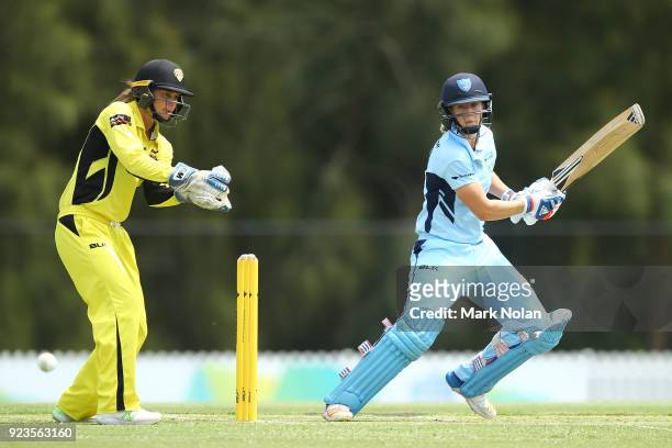 Ellyse Perry of NSW bats during the WNCL Final match between New South Wales and Western Australia at Blacktown International Sportspark on February...