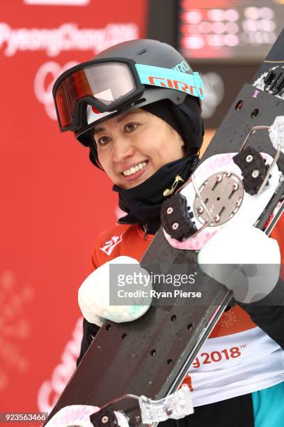Tomoka Takeuchi of Japan reacts after her run during the Ladies' Parallel Giant Slalom Elimination Run on day fifteen of the PyeongChang 2018 Winter...