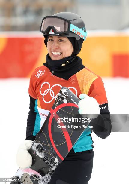 Tomoka Takeuchi of Japan reacts after her run during the Ladies' Parallel Giant Slalom Elimination Run on day fifteen of the PyeongChang 2018 Winter...