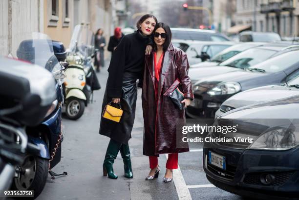 Diletta Bonaiuti and Nausheen Shah seen outside Etro during Milan Fashion Week Fall/Winter 2018/19 on February 23, 2018 in Milan, Italy.