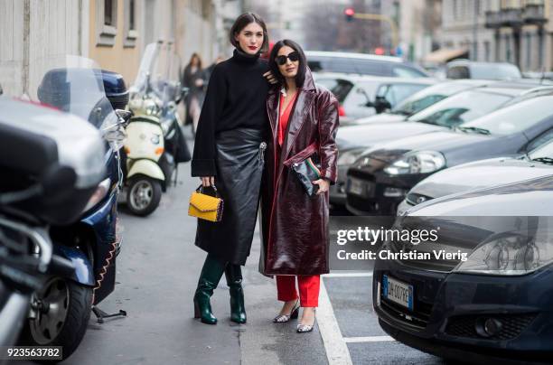 Diletta Bonaiuti and Nausheen Shah seen outside Etro during Milan Fashion Week Fall/Winter 2018/19 on February 23, 2018 in Milan, Italy.