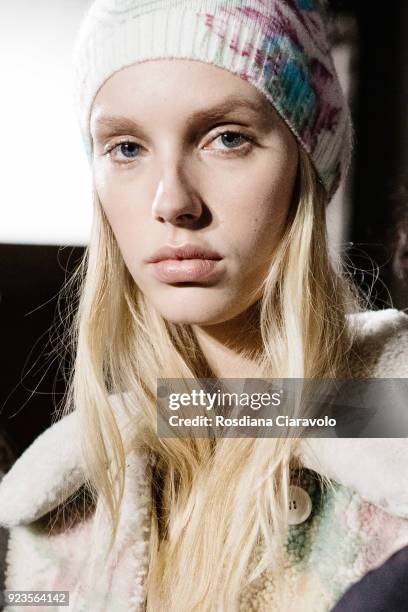 Model Jessie Bloemendaal is seen backstage ahead of the Blumarine show during Milan Fashion Week Fall/Winter 2018/19 on February 23, 2018 in Milan,...