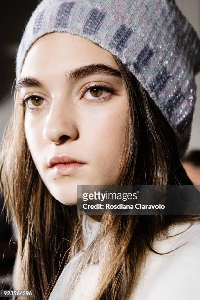Model Julia Ratner is seen backstage ahead of the Blumarine show during Milan Fashion Week Fall/Winter 2018/19 on February 23, 2018 in Milan, Italy.