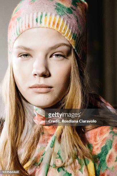 Model Maryna Horda is seen backstage ahead of the Blumarine show during Milan Fashion Week Fall/Winter 2018/19 on February 23, 2018 in Milan, Italy.