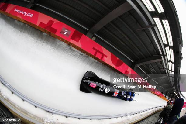 Lamin Deen, Ben Simons, Toby Olubi and Andrew Matthews of Great Britain compete during 4-man Bobsleigh Heats on day fifteen of the PyeongChang 2018...