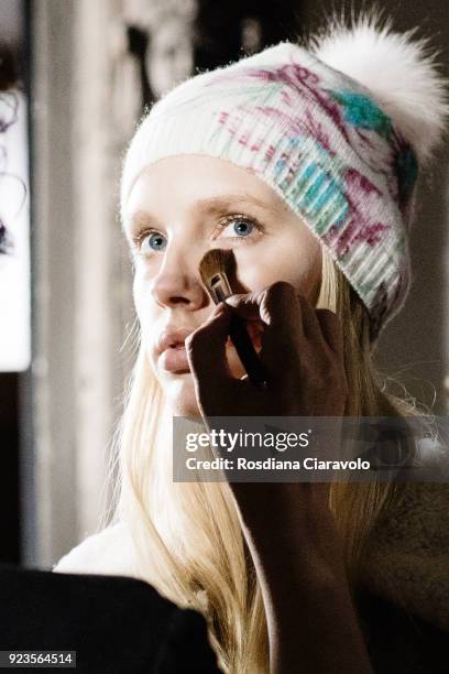 Model Jessie Bloemendaal is seen backstage ahead of the Blumarine show during Milan Fashion Week Fall/Winter 2018/19 on February 23, 2018 in Milan,...