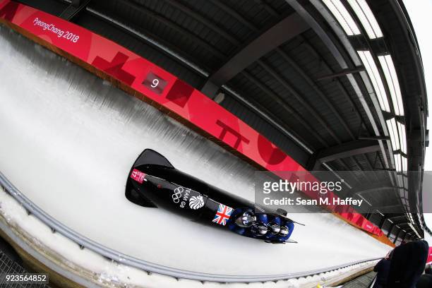 Brad Hall, Nick Gleeson, Joel Fearon and Greg Cackett of Great Britain compete during 4-man Bobsleigh Heats on day fifteen of the PyeongChang 2018...