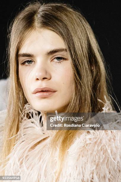 Model Sophie Rask is seen backstage ahead of the Blumarine show during Milan Fashion Week Fall/Winter 2018/19 on February 23, 2018 in Milan, Italy.