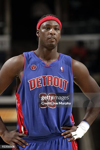 Kwame Brown of the Detroit Pistons looks on during a preseason game against the Memphis Grizzlies at the FedExForum on October 17, 2009 in Memphis,...