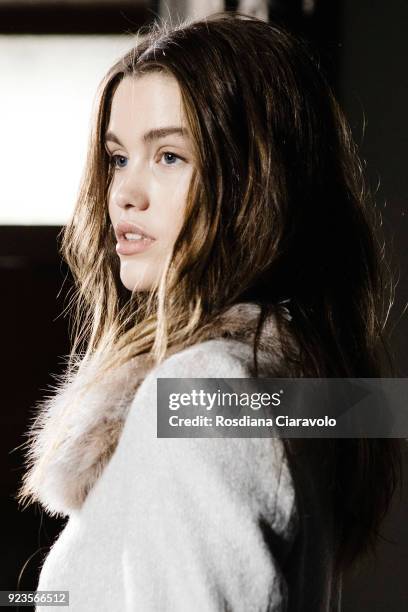 Model Luna Bijl is seen backstage ahead of the Blumarine show during Milan Fashion Week Fall/Winter 2018/19 on February 23, 2018 in Milan, Italy.