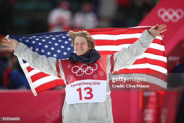 Kyle Mack of the United States celebrates winning the silver medal during the Men's Big Air Final on day 15 of the PyeongChang 2018 Winter Olympic...