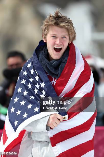 Kyle Mack of the United States celebrates winning the silver medal during the Men's Big Air Final on day 15 of the PyeongChang 2018 Winter Olympic...