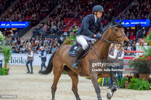 Swedish equestrian Henrik von Eckermann on Mary Lou 194 rides in in the qualifying competition for the Gothenburg Grand Prix during the Gothenburg...