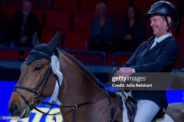 Swedish equestrian Rolf-Goran Bengtsson on Oak Grove's Carlyle rides in in the qualifying competition for the Gothenburg Grand Prix during the...