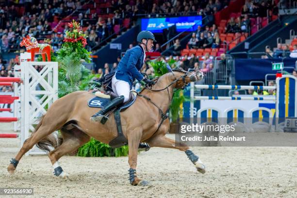 German equestrian Daniel Deusser on Tobago Z rides in in the qualifying competition for the Gothenburg Grand Prix during the Gothenburg Horse Show in...