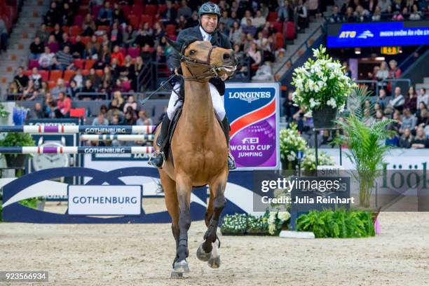 French equestrian Aldrick Cheronnet on Tanael des Bonnes rides in in the qualifying competition for the Gothenburg Grand Prix during the Gothenburg...