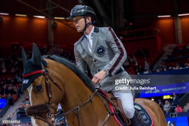 Swedish equestrian Peder Fredricson on Hansson WL rides in in the qualifying competition for the Gothenburg Grand Prix during the Gothenburg Horse...