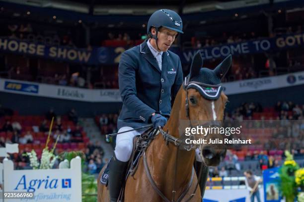 Swedish equestrian Henrik von Eckermann on Mary Lou 194 rides in in the qualifying competition for the Gothenburg Grand Prix during the Gothenburg...