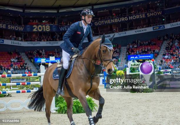 Swiss equestrian Werner Muff on Cosby rides in in the qualifying competition for the Gothenburg Grand Prix during the Gothenburg Horse Show in...