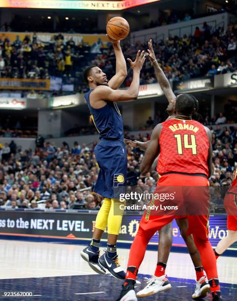 Thaddeus Young of the Indiana Pacers shoots the ball against the Atlanta Hawks during the game at Bankers Life Fieldhouse on February 23, 2018 in...