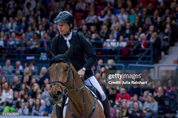 Swedish equestrian Rolf-Goran Bengtsson on Oak Grove's Carlyle rides in in the qualifying competition for the Gothenburg Grand Prix during the...