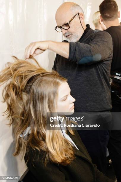 Hairstylist Sam McKnight is seen backstage ahead of the Blumarine show during Milan Fashion Week Fall/Winter 2018/19 on February 23, 2018 in Milan,...