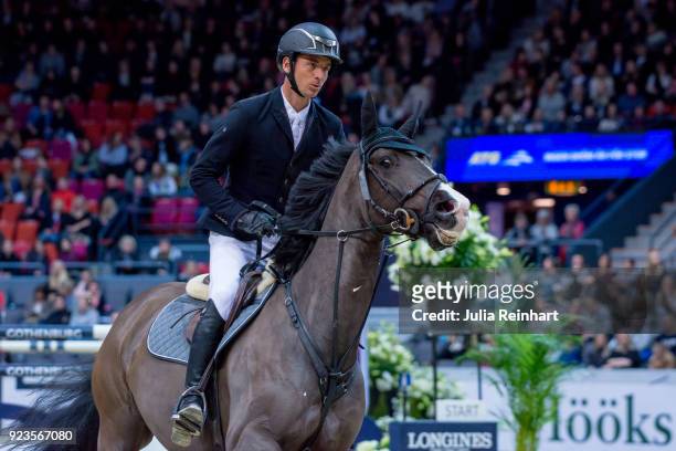 Swiss equestrian Steve Guerdat on Alamo rides in in the qualifying competition for the Gothenburg Grand Prix during the Gothenburg Horse Show in...