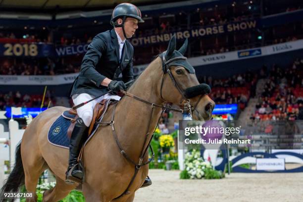 Dutch equestrian Harrie Smolders on Zinius rides in in the qualifying competition for the Gothenburg Grand Prix during the Gothenburg Horse Show in...