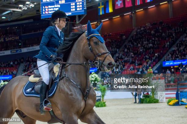 Australian equestrian Edwina Tops-Alexander on Inca Boy can't Vianahof rides in in the qualifying competition for the Gothenburg Grand Prix during...