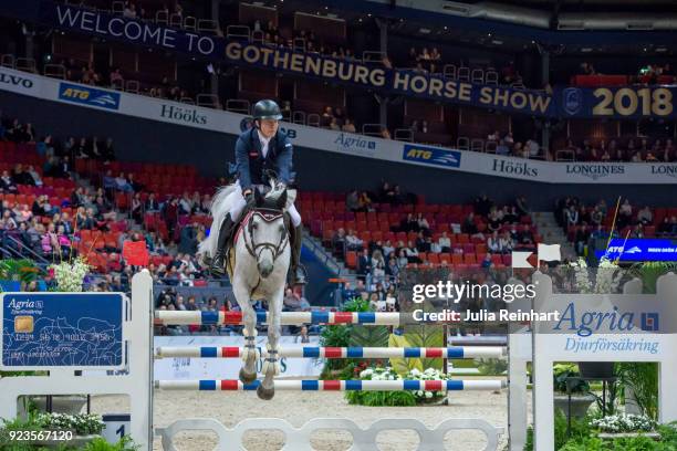 British equestrian Michael Whitaker on Valmy de la Lande rides in in the qualifying competition for the Gothenburg Grand Prix during the Gothenburg...