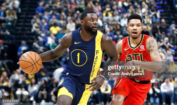 Lance Stephenson of the Indiana Pacers dribbles the ball against the Atlanta Hawks during the game at Bankers Life Fieldhouse on February 23, 2018 in...